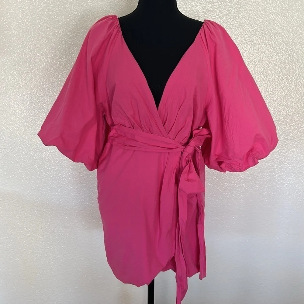 Pink Puff Sleeve with Tie Belt Mini Dress Size Large